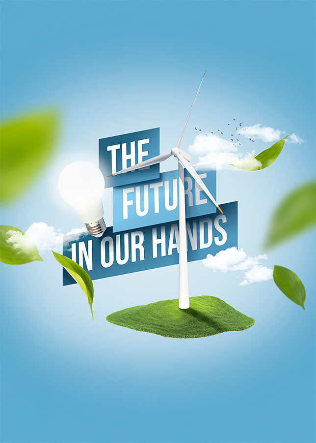 Future in our hands concept with a wind turbine, light bulb and green landscape
